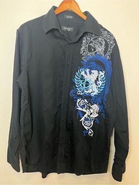 Eighty Eight Vintage Y2K Lion Crest Black Cotton Button-Up Shirt